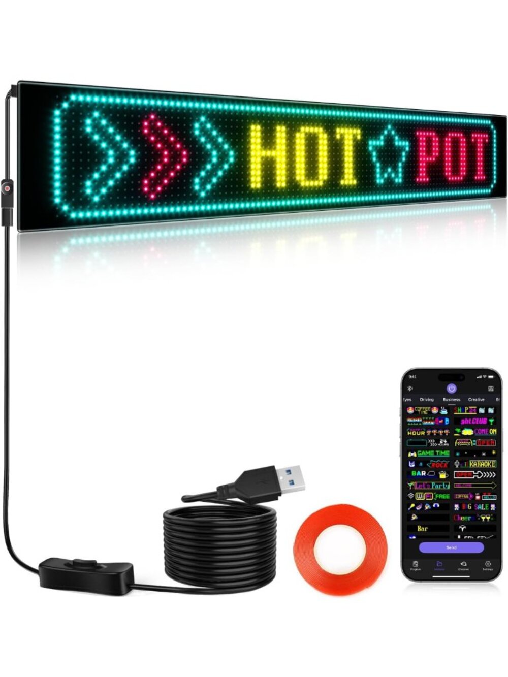 Programmable Bright LED Sign 27''x5'' - Bluetooth App Control, Custom Text